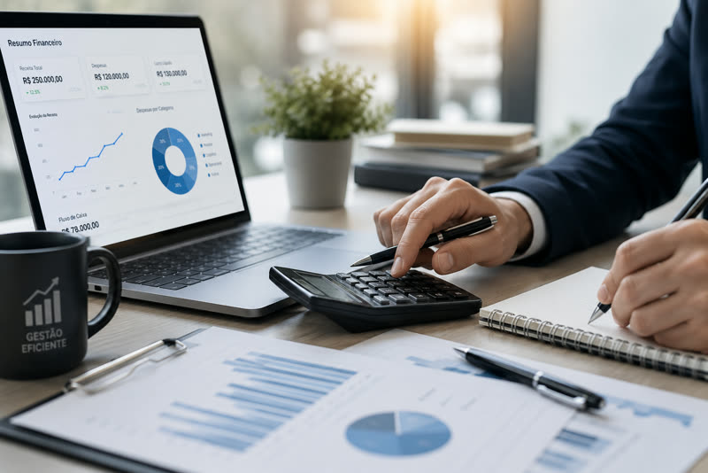 Mesa de trabalho de contabilidade com relatórios e calculadora