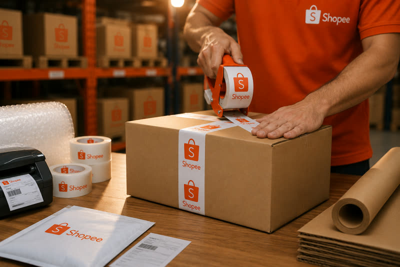 Empacotamento de pedidos com embalagens e materiais de envio